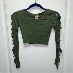 Olive Green Crop Top Long Ripped Sleeves• Small